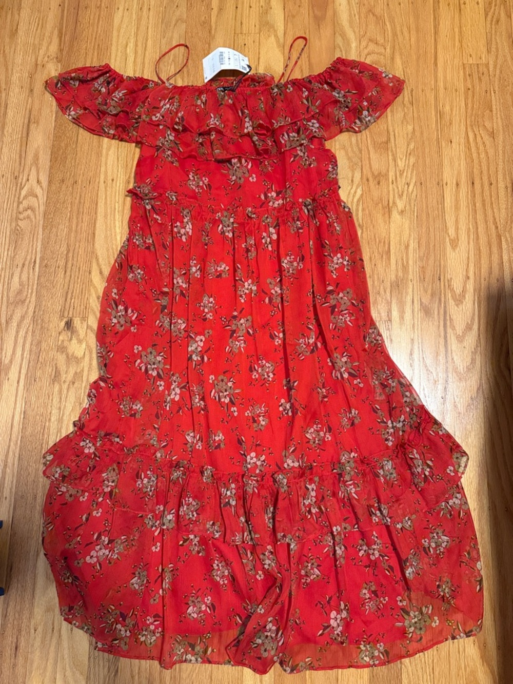 Zara Red Floral Off-Shoulder Maxi Dress